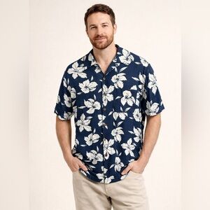 Caribbean Joe Navy and White Floral Short-Sleeve Button-Down Shirt